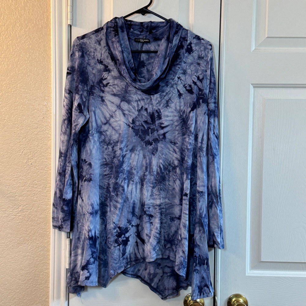 Cha Cha Vente Women's Tie Dye Cowl Neck Sharkbite Tunic Top Blue White Sz Large